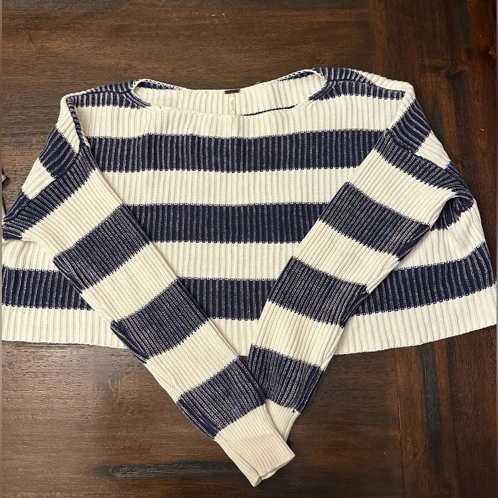 free people navy and white striped cropped sweater